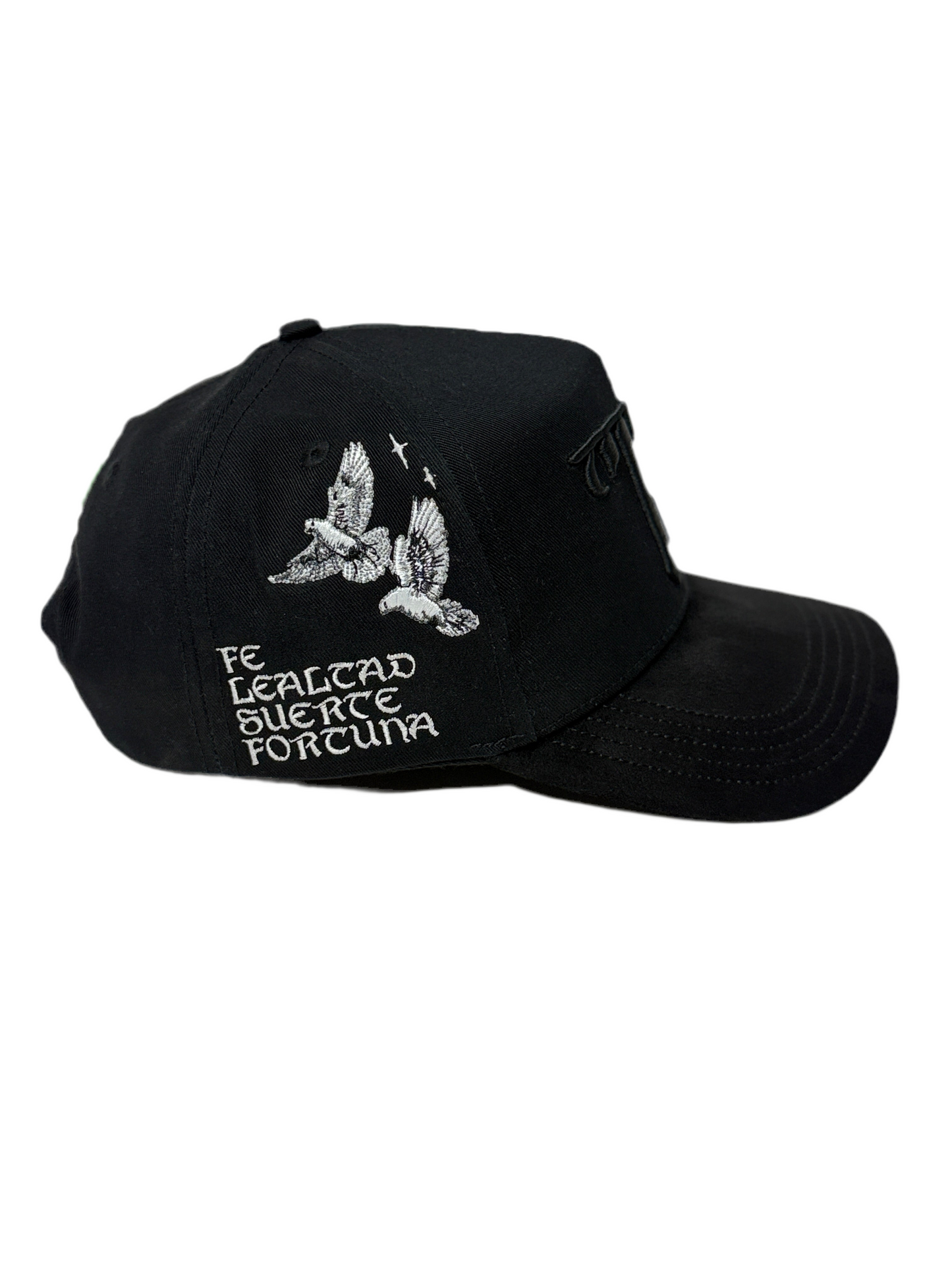 Black cap with white embroidered design and text on a white background