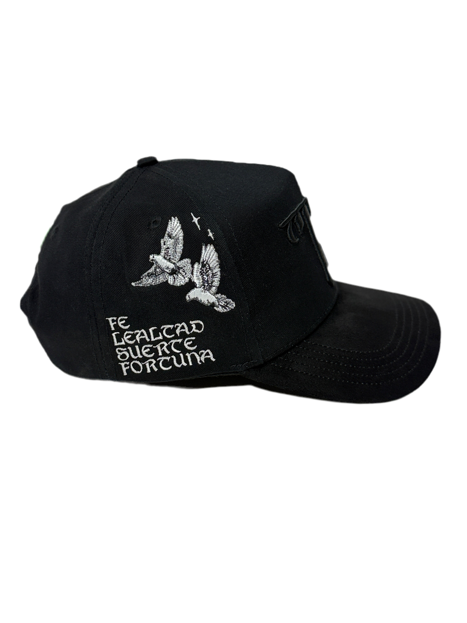 Black cap with white embroidered design and text on a white background